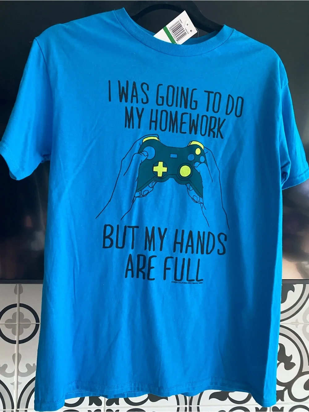 Macy's Bright Blue Gamer Graphic Tee with Yellow Accents